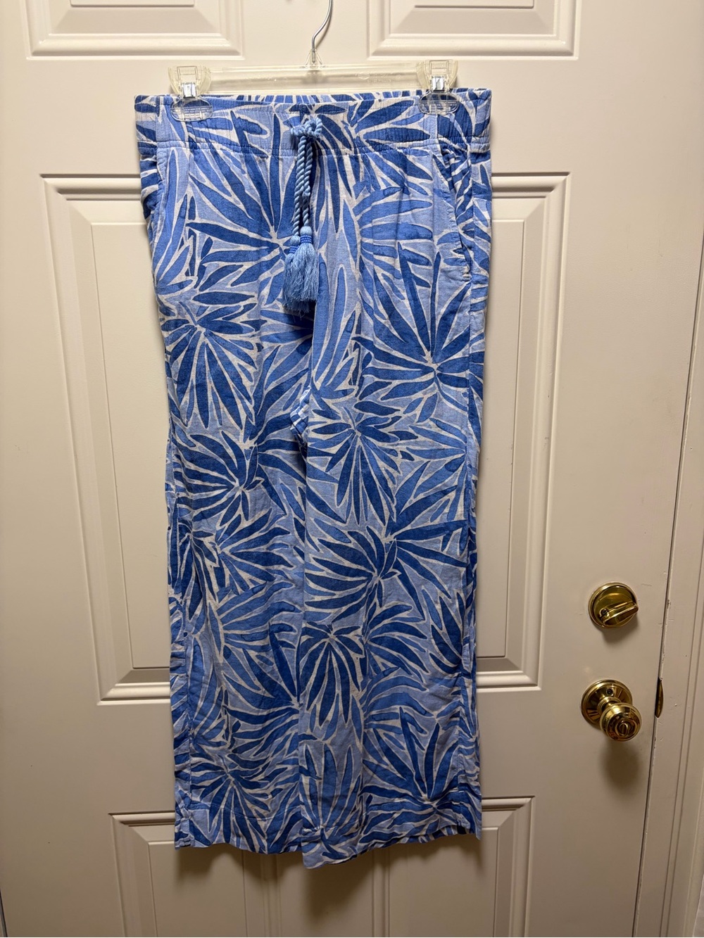 Sigrid Olsen blue leaf print linen blend wide leg pull on pants palazzo M